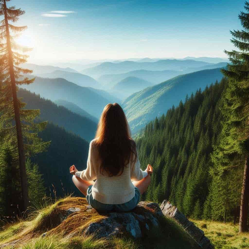 mujer meditando en una roca en medio del bosque